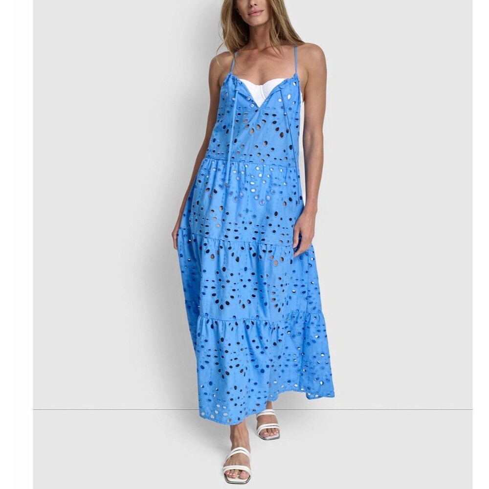 DKNY Beachwear Women Blue Cotton Eyelet Maxi Dress XL NWT Swim Cover Up